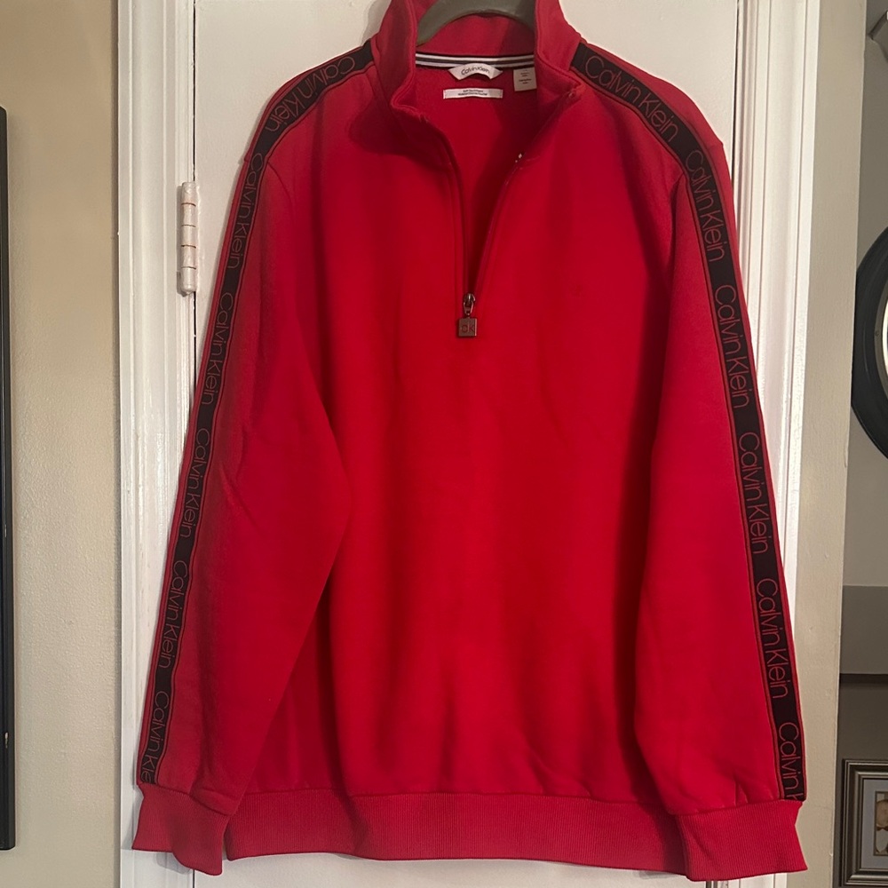 Calvin Klein Men's Red Half-Zip Sweatshirt with Logo Tape